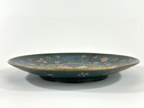 Japanese Meiji Cloisonne Shippo Plate Green Floral Medallion Iris Geometric 7.5"