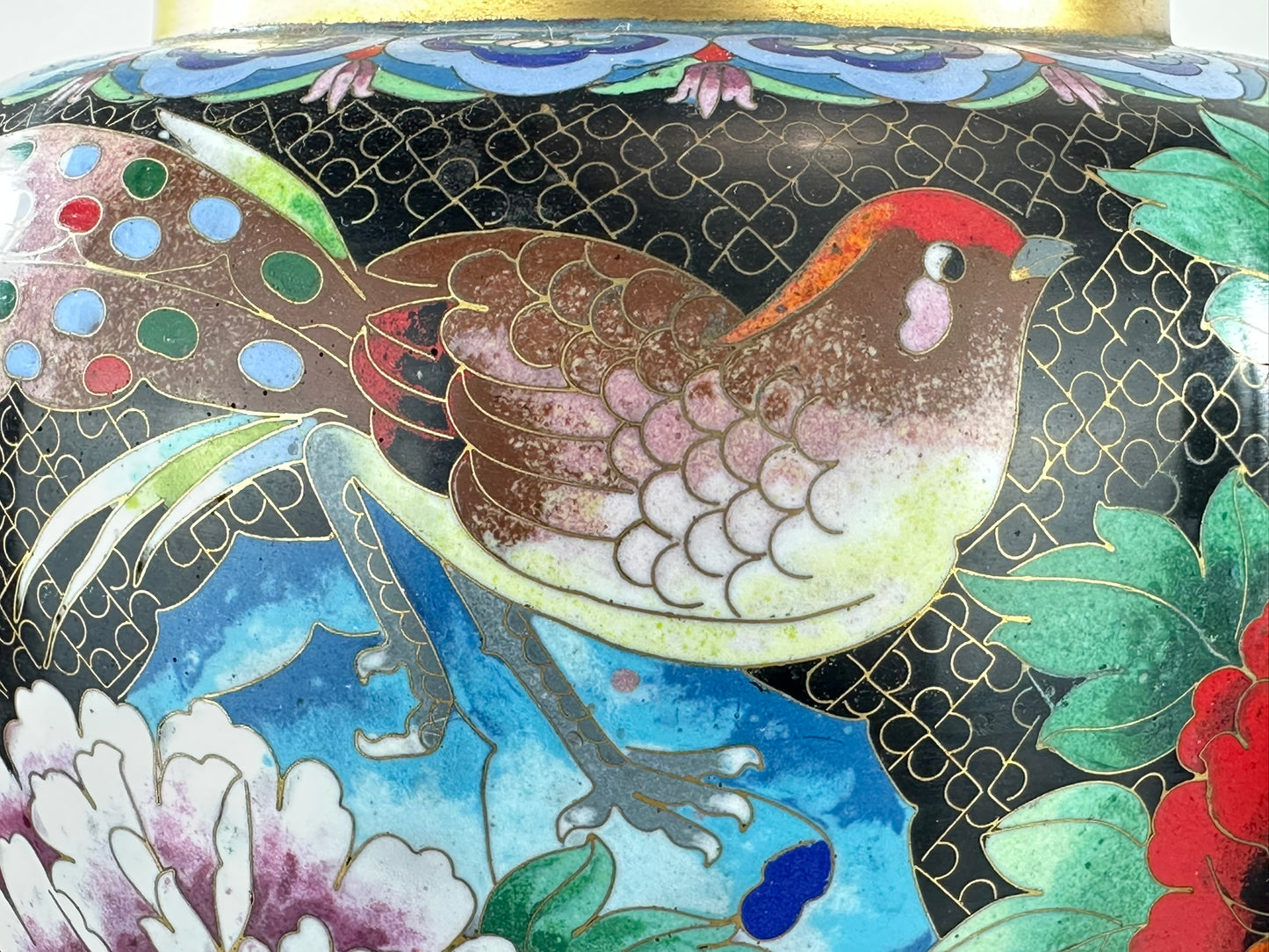 Vintage Chinese Cloisonne Vase Pair Black Ground Peony Pheasant Polychrome 20"H