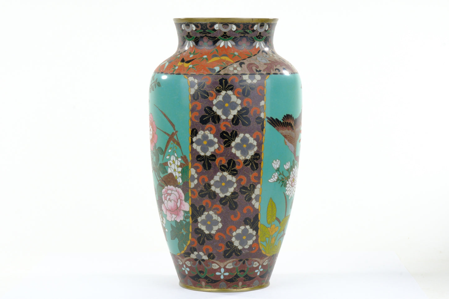 Antique Japanese Meiji Era (c1880) Cloisonné Vase Geese in Flight & Flowers 12”