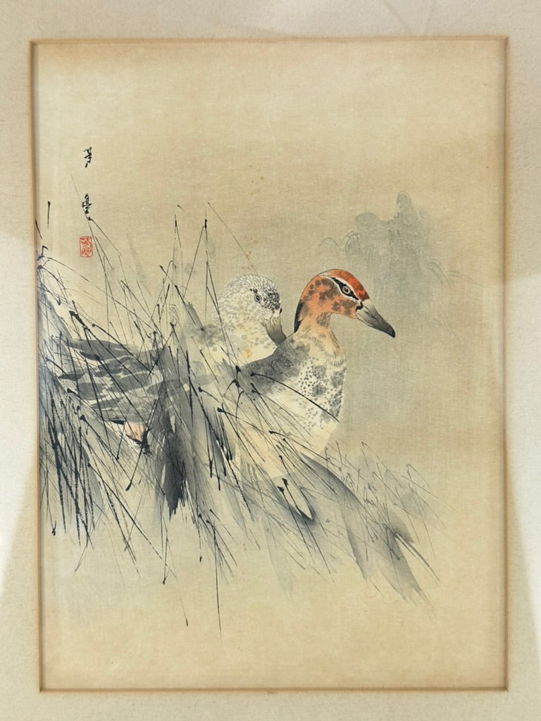 Antique Japanese Watanabe Shotei Woodblock Print Ducks in Marsh Grass 18"H
