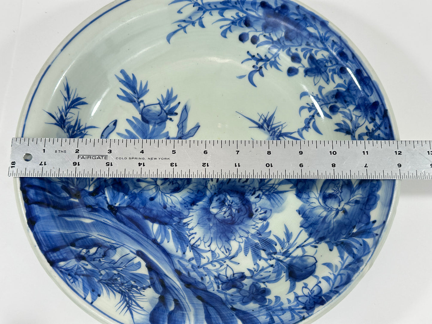 Antique Japanese Late Edo Period Imari Blue & White Porcelain Peony Bowl 12"W