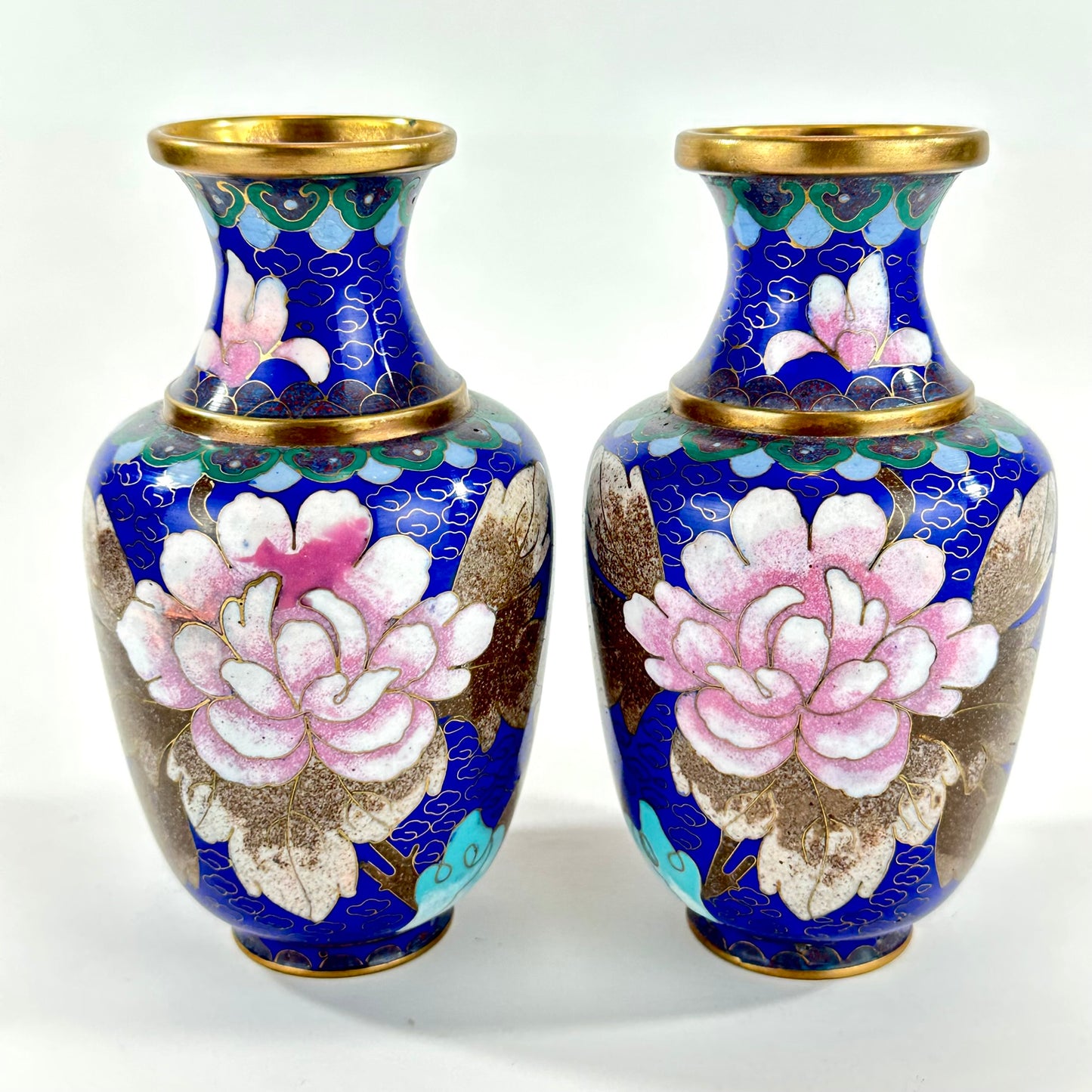 Chinese Republic Period Cloisonne Enamel Vase Pair Cobalt Blue Pink Peony 6"H