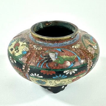 Japanese Meiji Cloisonne Shippo Vase Phoenix Floral Three Feet Red Brown 3"H