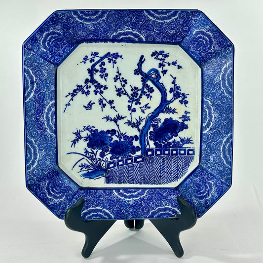 Antique Japanese 19th Century Imari Octagonal Blue & White Landscape Plate 12.5"W