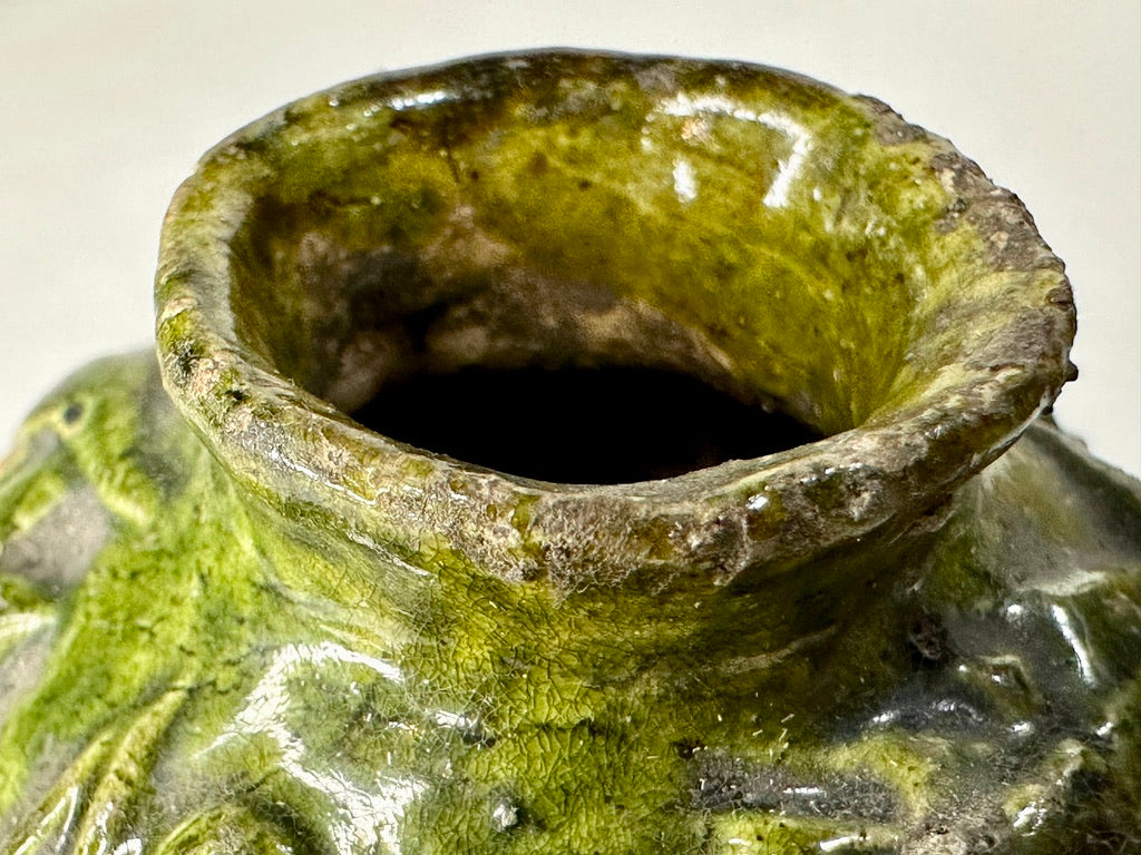 Chinese Green Glazed Miniature Pottery Jar Molded Dragon Relief Archaistic Floral Stamp ~1"H