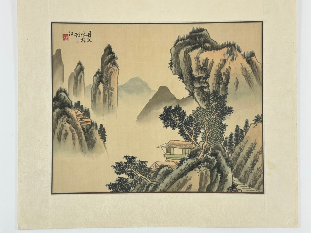 Antique Chinese Silk Painting Misty Mountain Landscape Pavilions 16"W