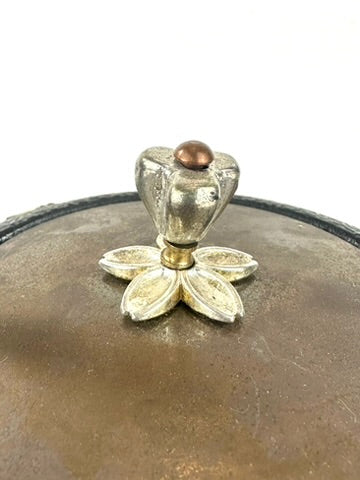 Vintage Japanese Cast Iron Tetsubin Polychrome Lotus Pond Dragonfly Brass Lid Showa 8"W LS#148