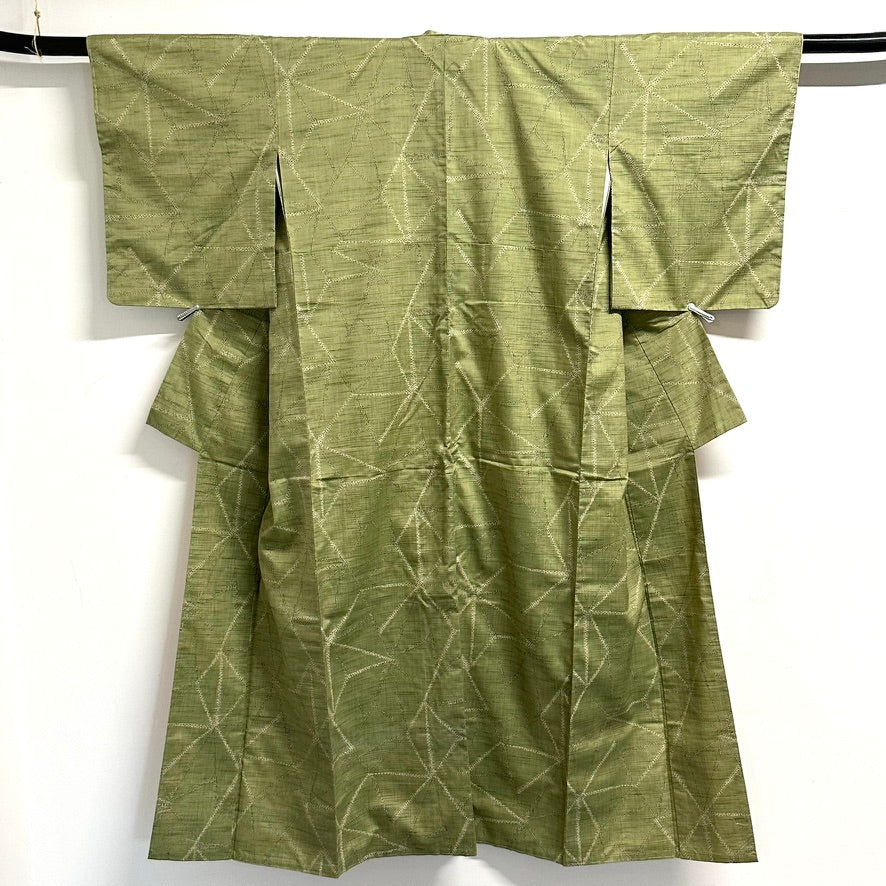 Vintage Japanese Hand Woven Tsumugi Silk Kimono Geometric Diamond Unused Showa