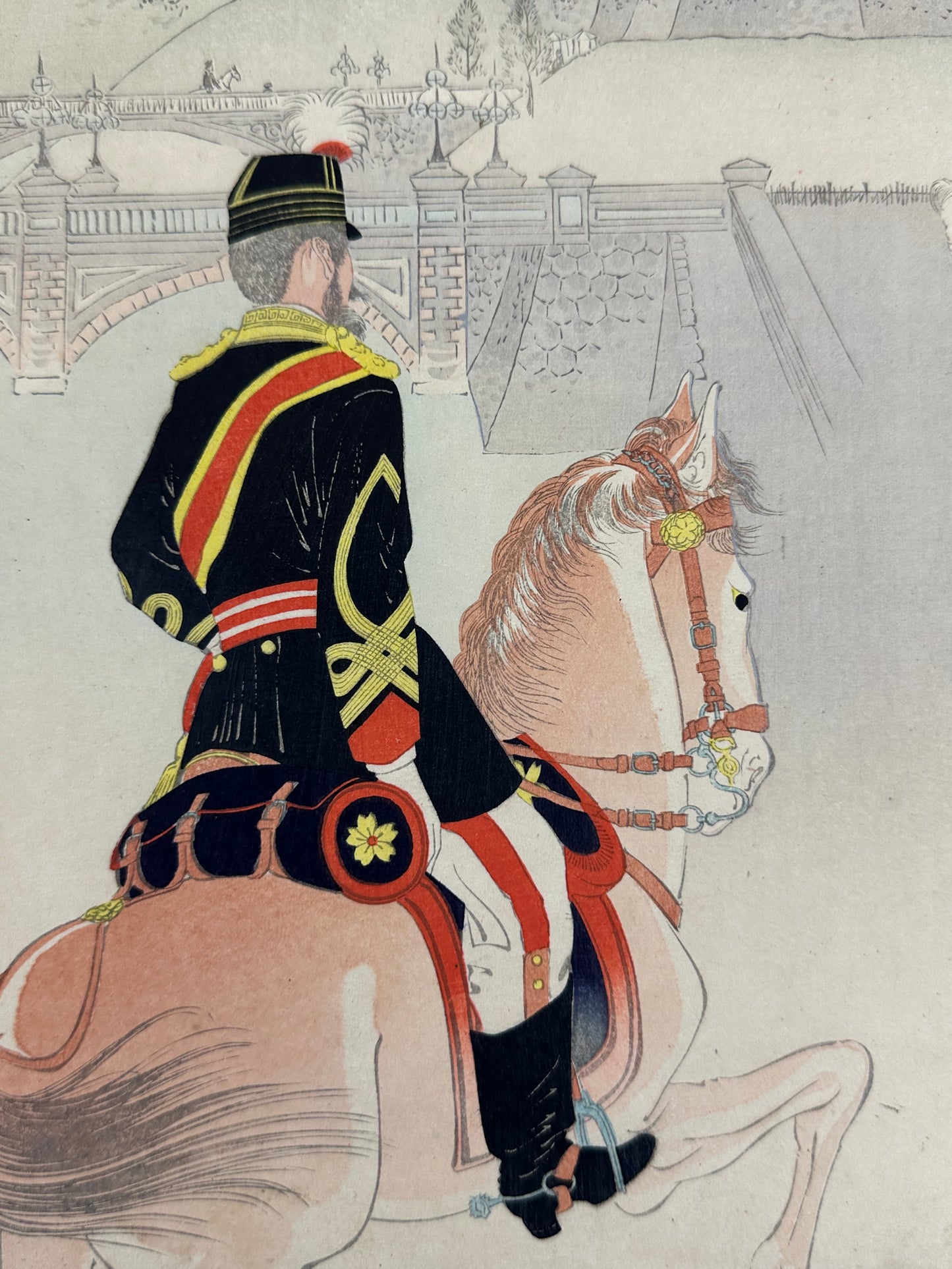 Original 1896 Toshiaki Woodblock Print "Nihon Mokei" Imperial Palace Mounted Officer LS#216