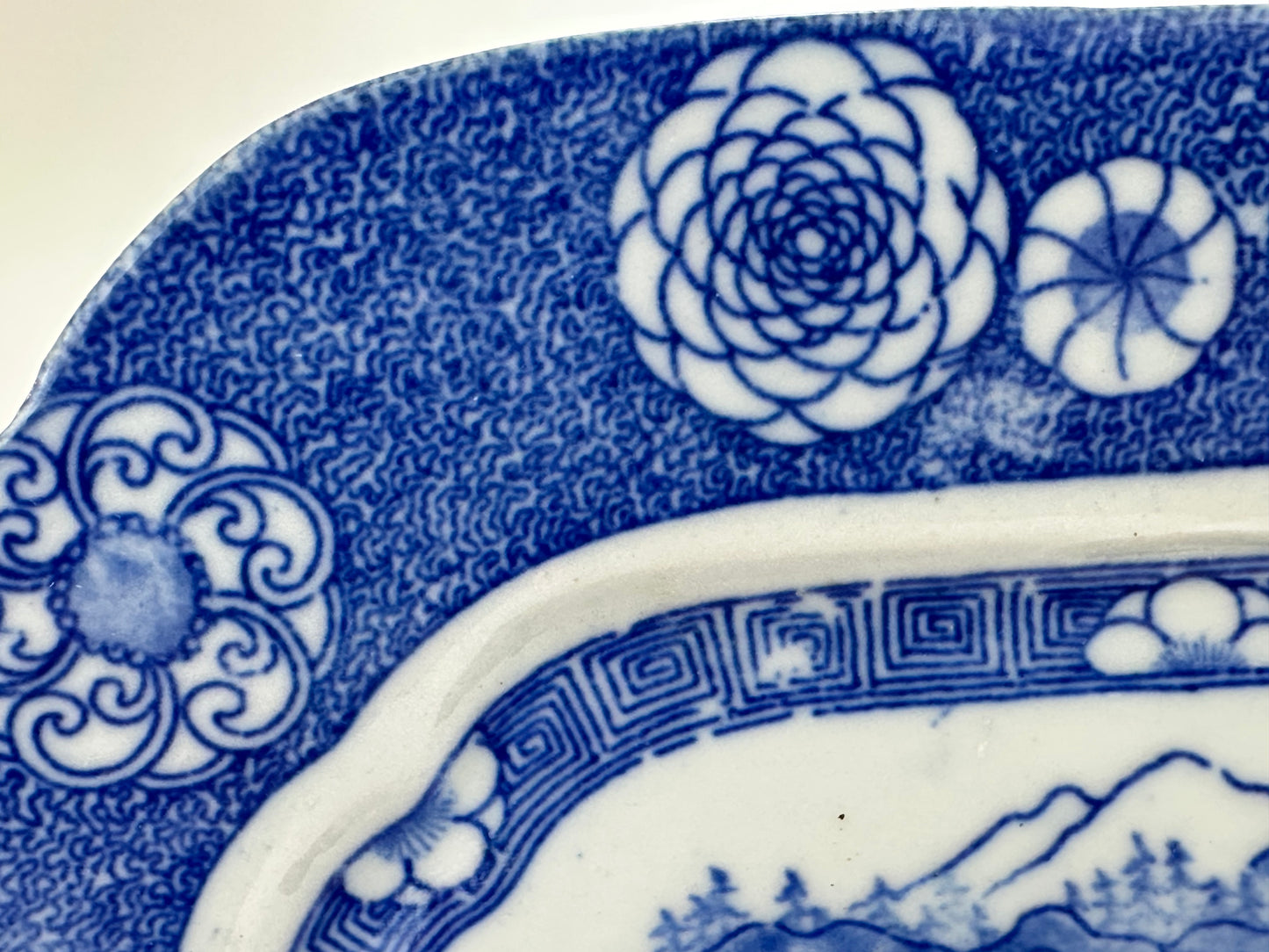 Antique Japanese Late Meiji c1910's Blue & White Porcelain Landscape Platter 10"W