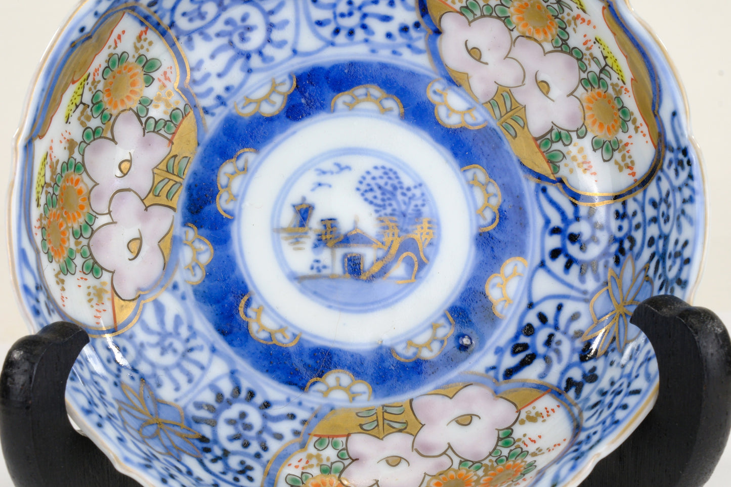 Japanese Imari Kinrande Bowl Willow Landscape Plum Blossom Gold Meiji 6 Inch
