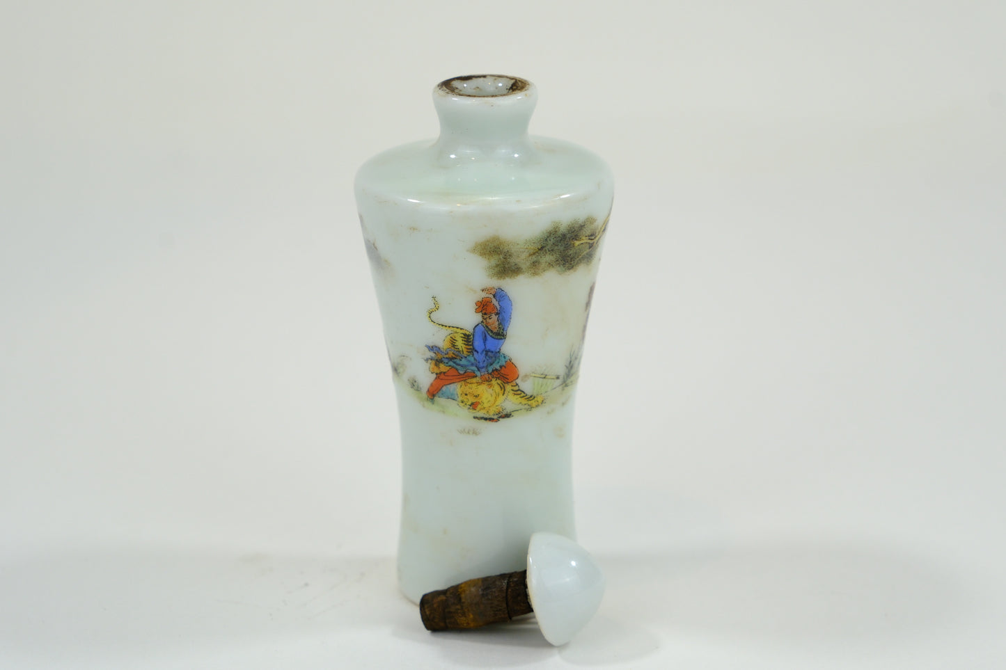 Vintage Chinese Porcelain Snuff Bottle Warrior on Tiger w/ Stopper 3"