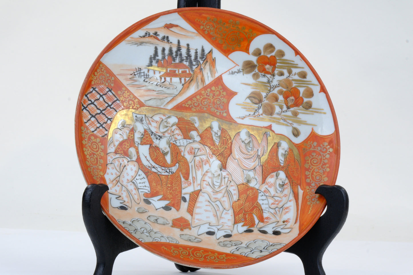 Antique Japanese Kutani Aka-e Plate Rakan Buddhist Figures Landscape Gold Meiji