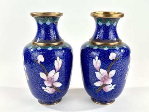 Chinese Republic Period Cloisonne Enamel Vase Pair Cobalt Blue Pink Peony 6"H