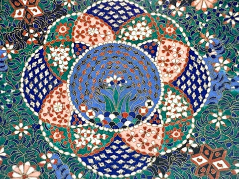 Japanese Meiji Cloisonne Shippo Plate Green Floral Medallion Iris Geometric 7.5"