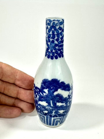 Antique Japanese Imari Blue White Porcelain Butsugu Tokkuri Altar Vase Pine 19thC 5"H