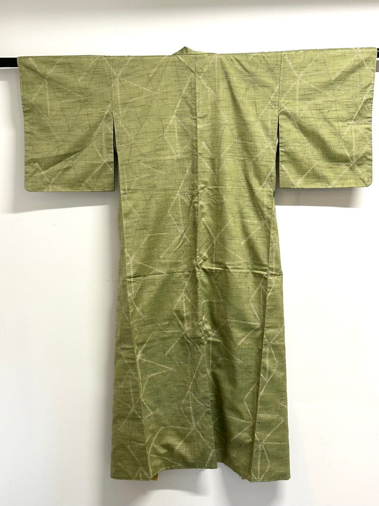 Vintage Japanese Hand Woven Tsumugi Silk Kimono Geometric Diamond Unused Showa