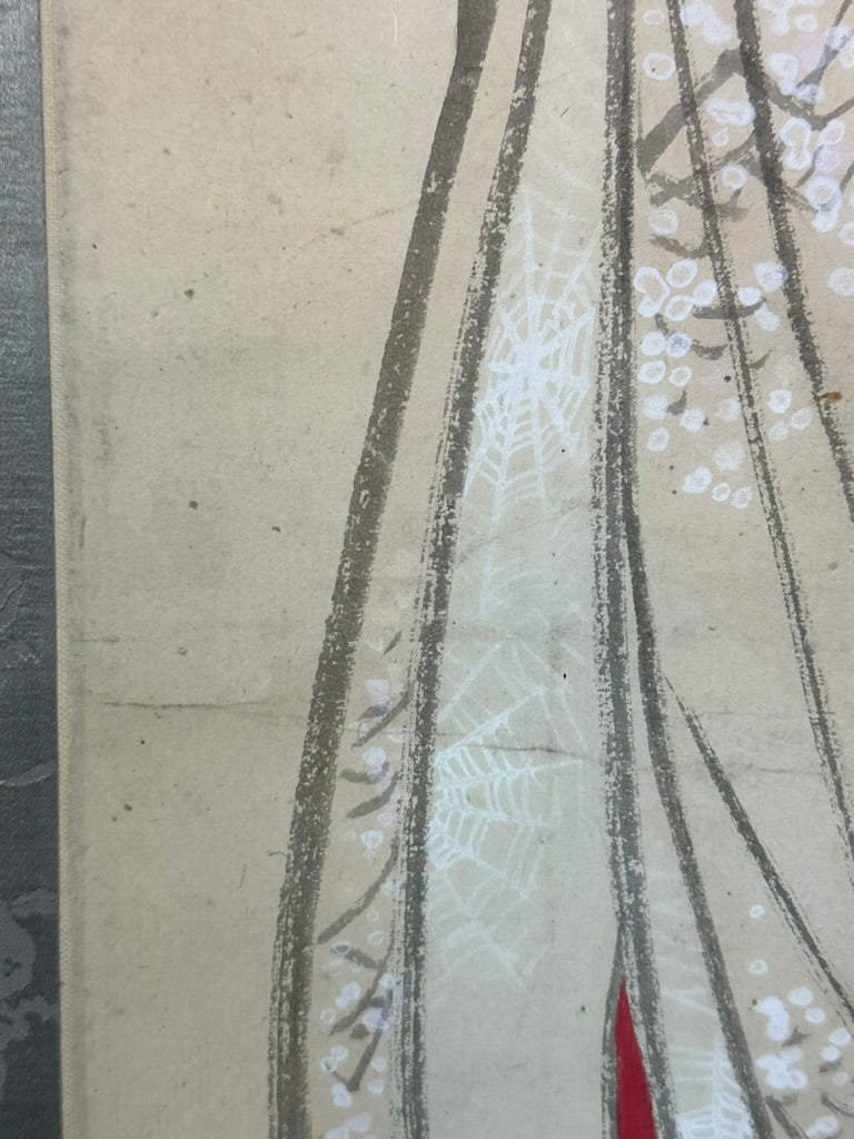 Antique Japanese Kakejiku Bijin-ga Beauty Spider Web Kimono Meiji Taisho Scroll 72"L