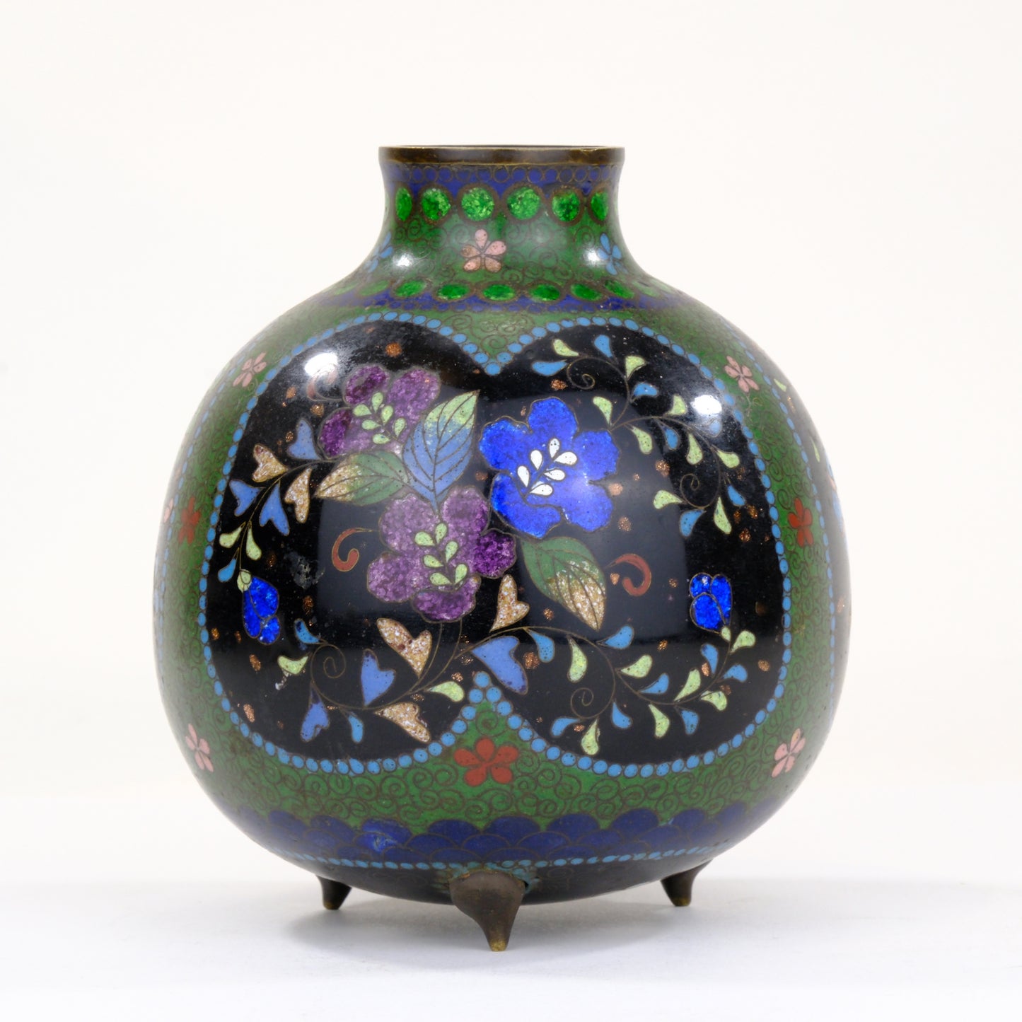 Chinese Cloisonne Enamel Jar Black Ground Polychrome Floral Fret Pattern Turquoise