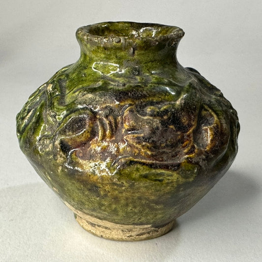 Chinese Green Glazed Miniature Pottery Jar Molded Dragon Relief Archaistic Floral Stamp ~1"H