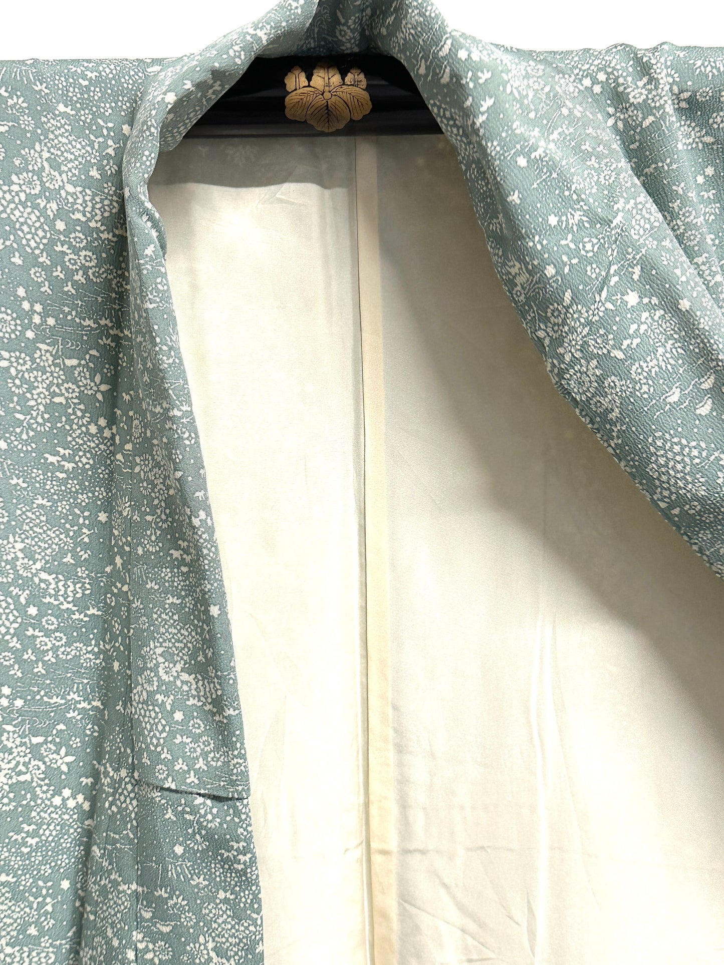 Vintage Japanese Silk Kimono Scattered White Botanical Chirashi Celadon Showa