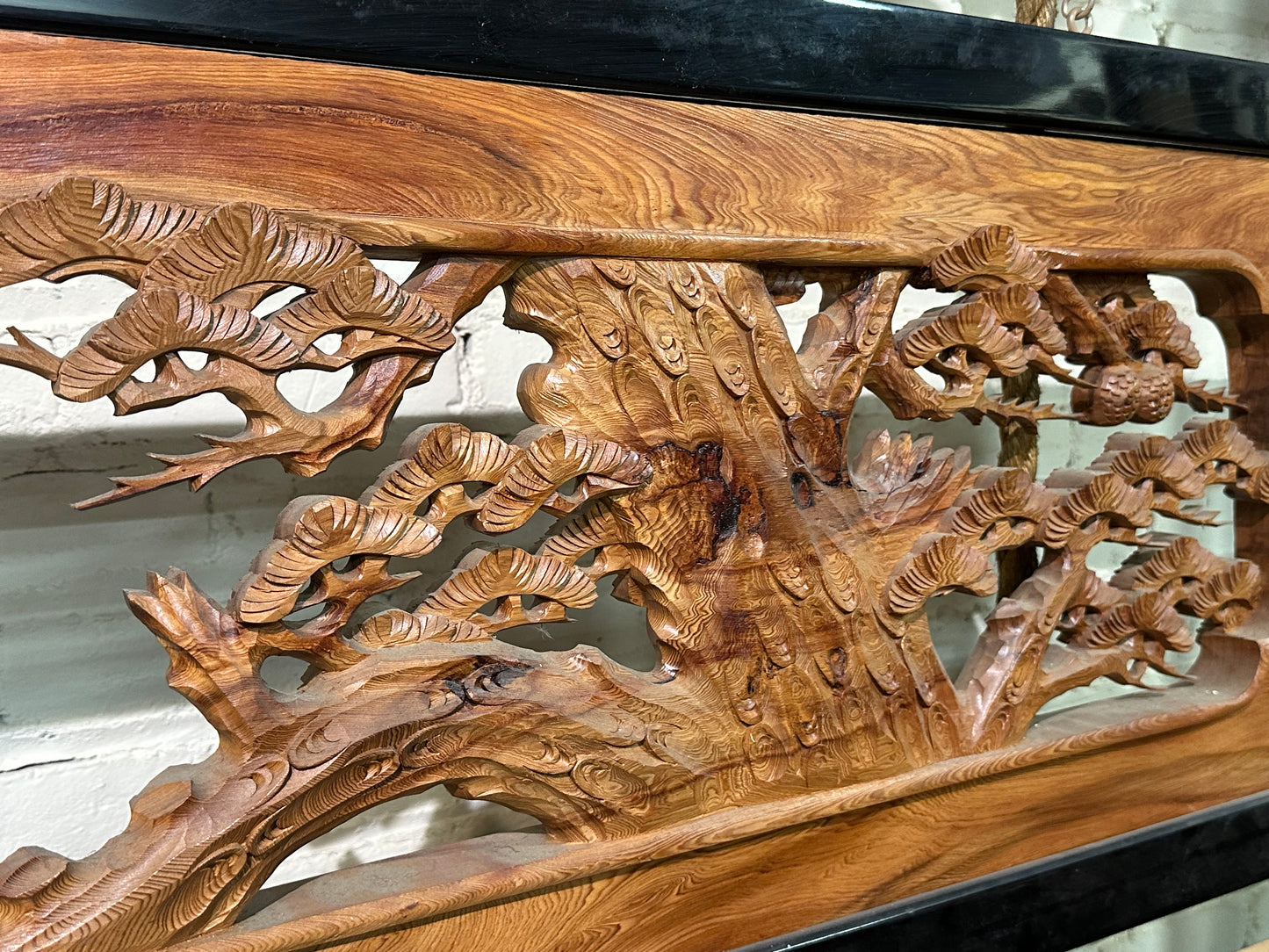 Vintage Japanese Ranma PAIR Eagles & Pines Carved Transom Screen Sugi Wood 73"