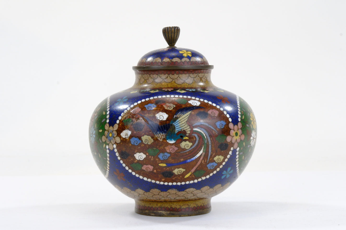 Japanese Meiji Cloisonne Enamel Covered Jar Cobalt Phoenix Floral Cartouche Bronze Finial 5"H