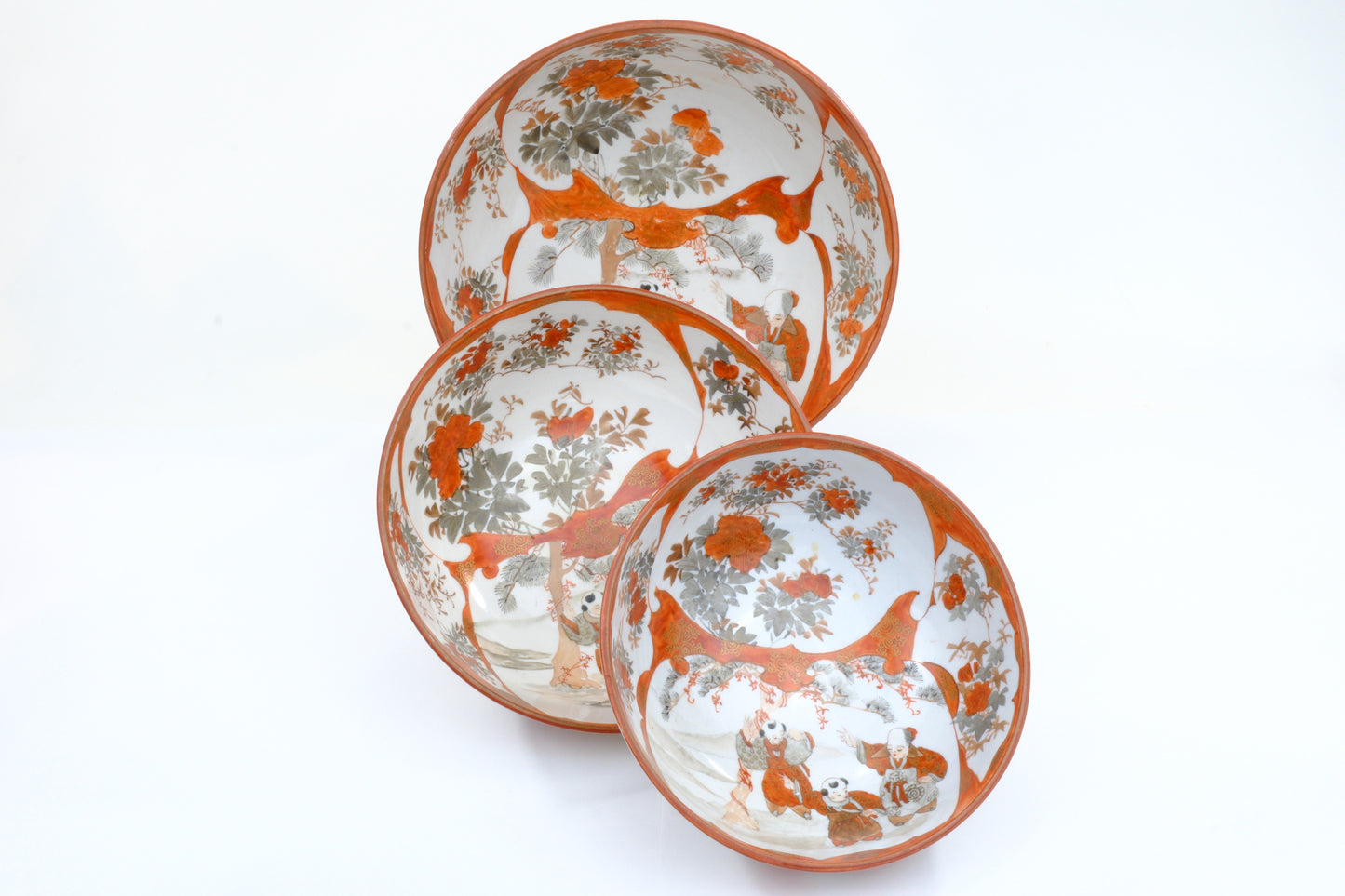 Antique Japanese Kutani Aka-e Nesting Bowl Set Three Karako Children Peony Meiji 10"W