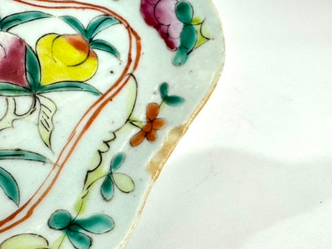 Chinese Famille Rose Porcelain Lozenge Dish Peach Longevity Floral Celadon Ground Late Qing 7.5"