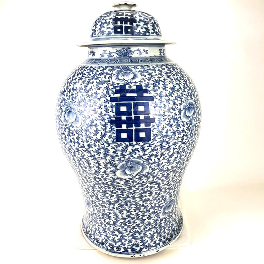 Antique Chinese Qing 150 Year Old Blue & White Wedding Jar Hand Painted 18"H