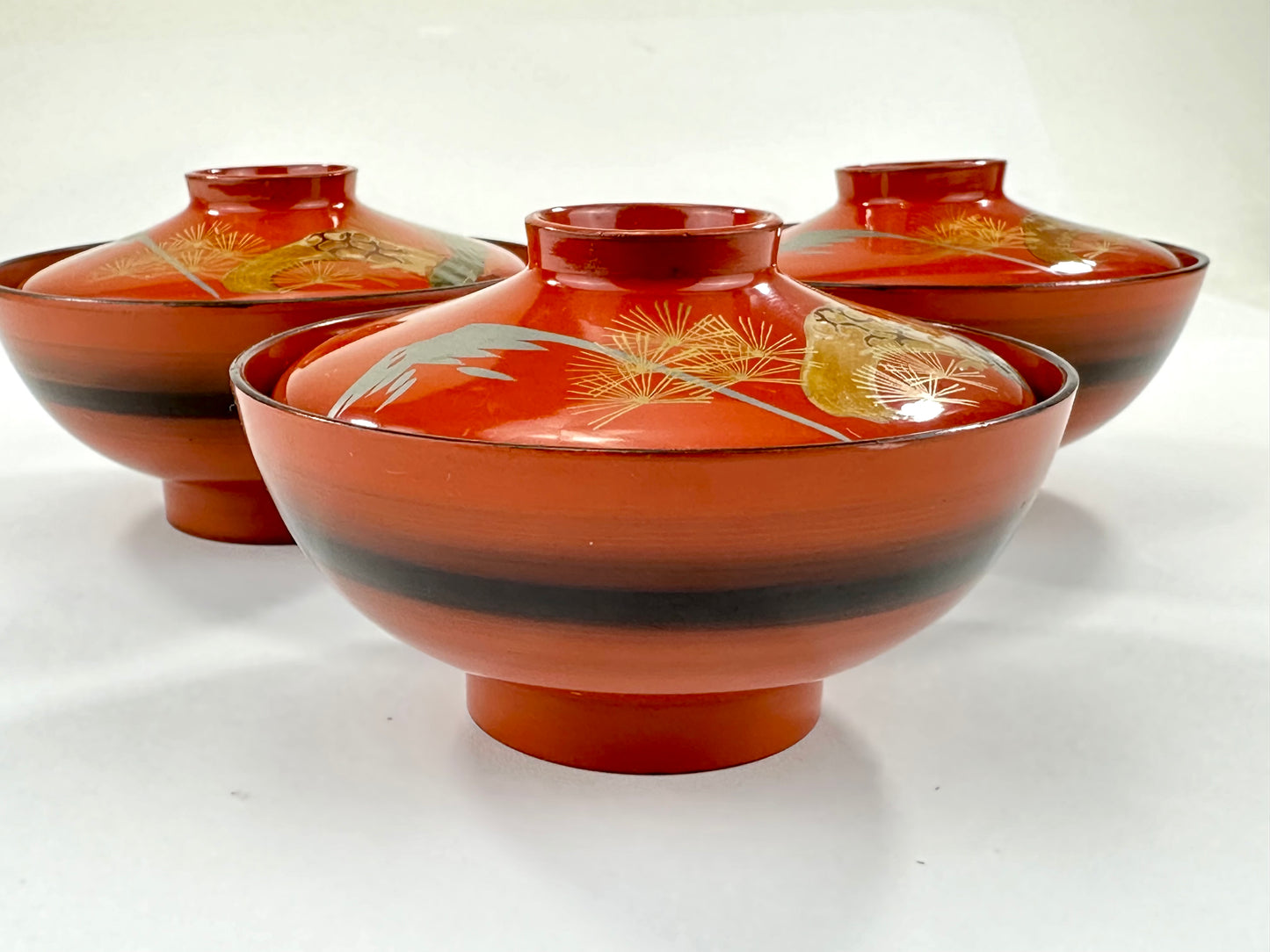 Set of 3 Antique Japanese Meiji Era (c1890's) Red Lacquer Makie Wooden Mt Fuji Hawk Bowl 4.5"