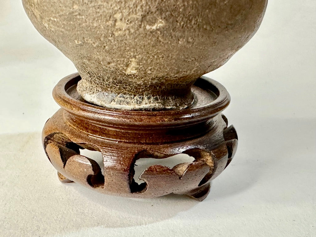 Southeast Asian Stoneware Miniature Jar Double Loop Handles Hardwood Stand 3"H