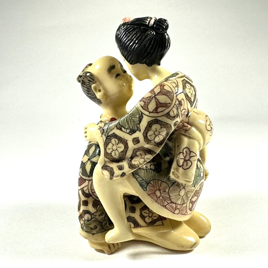 Vintage Japanese Shunga Erotic Figurine Couple Faux-Ivery Resin Hand Painted Showa c