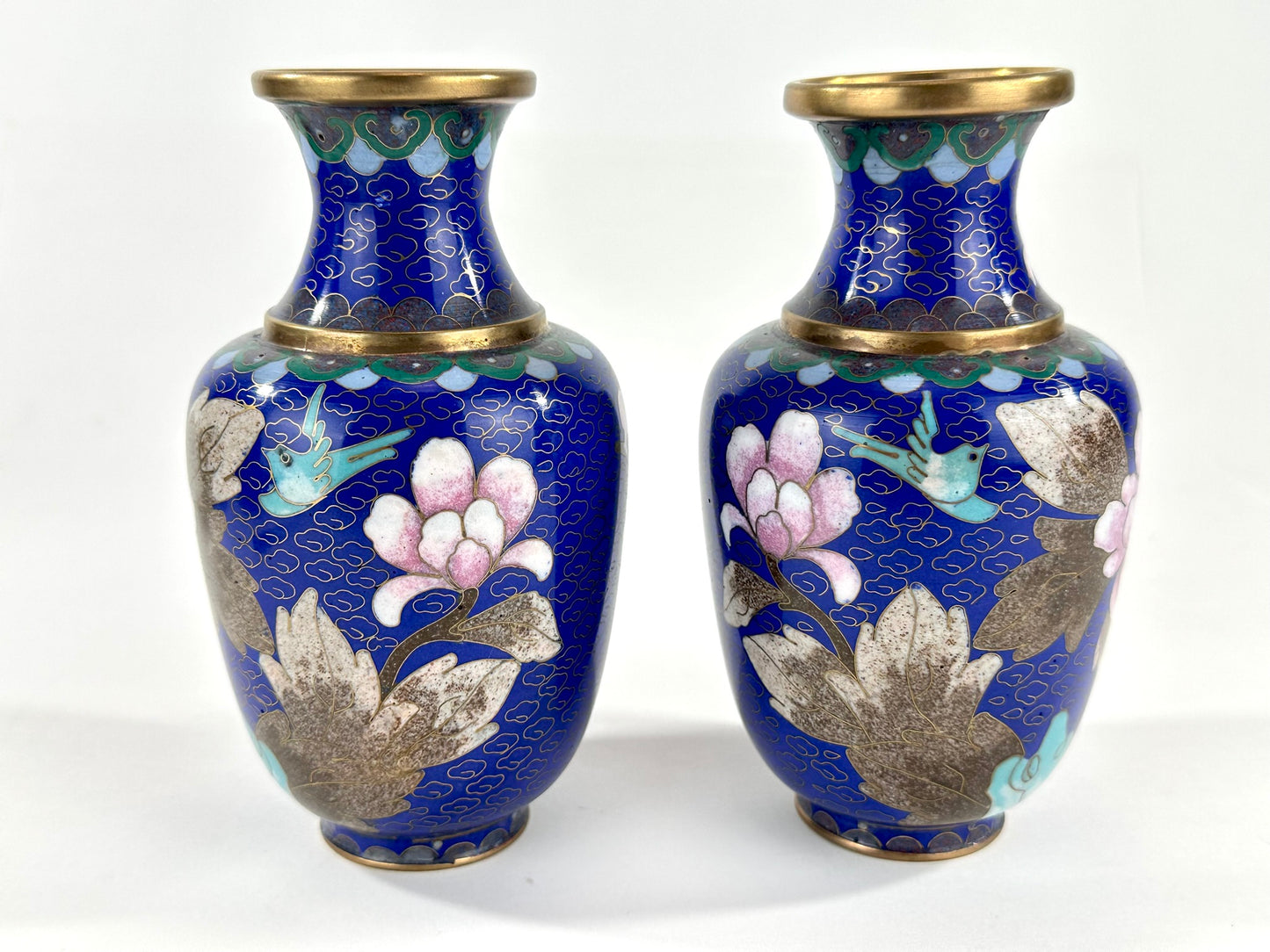 Chinese Republic Period Cloisonne Enamel Vase Pair Cobalt Blue Pink Peony 6"H