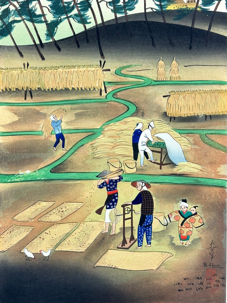 Vintage Japanese Woodblock Print Bakufu Ohno Rice Reaping Kyoto Hanga 15.25"H c1950