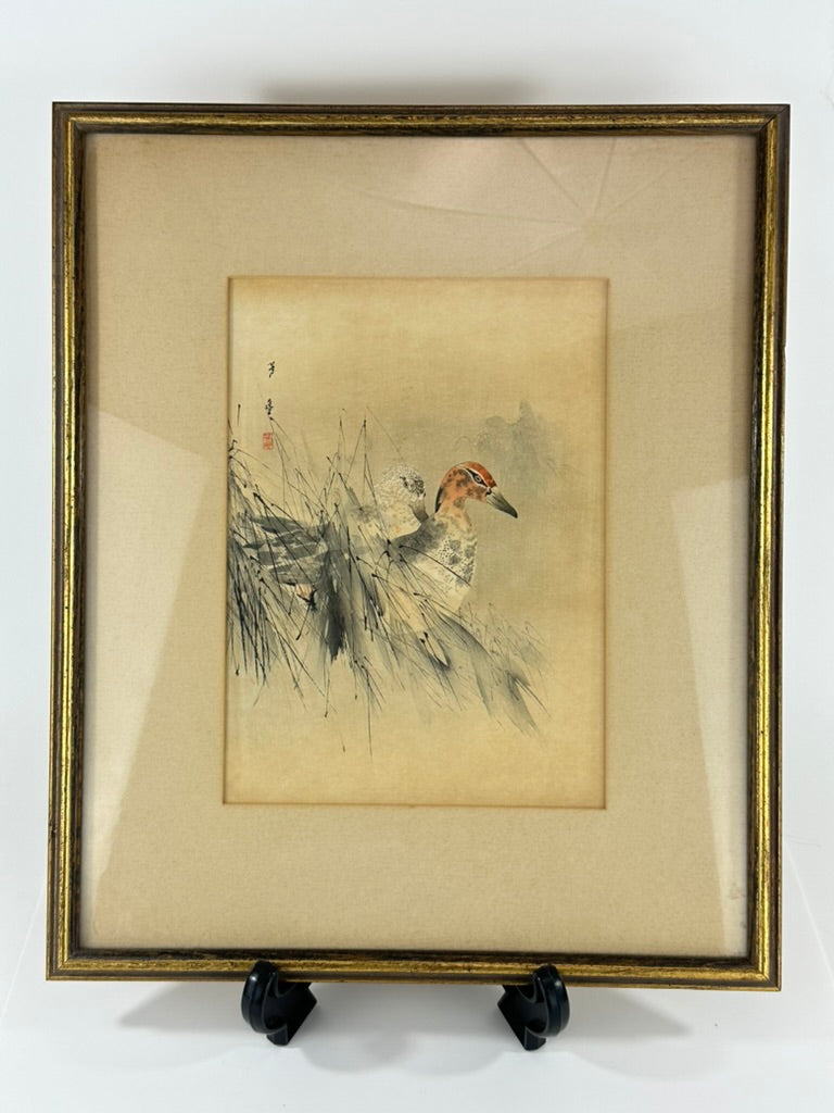 Antique Japanese Watanabe Shotei Woodblock Print Ducks in Marsh Grass 18"H