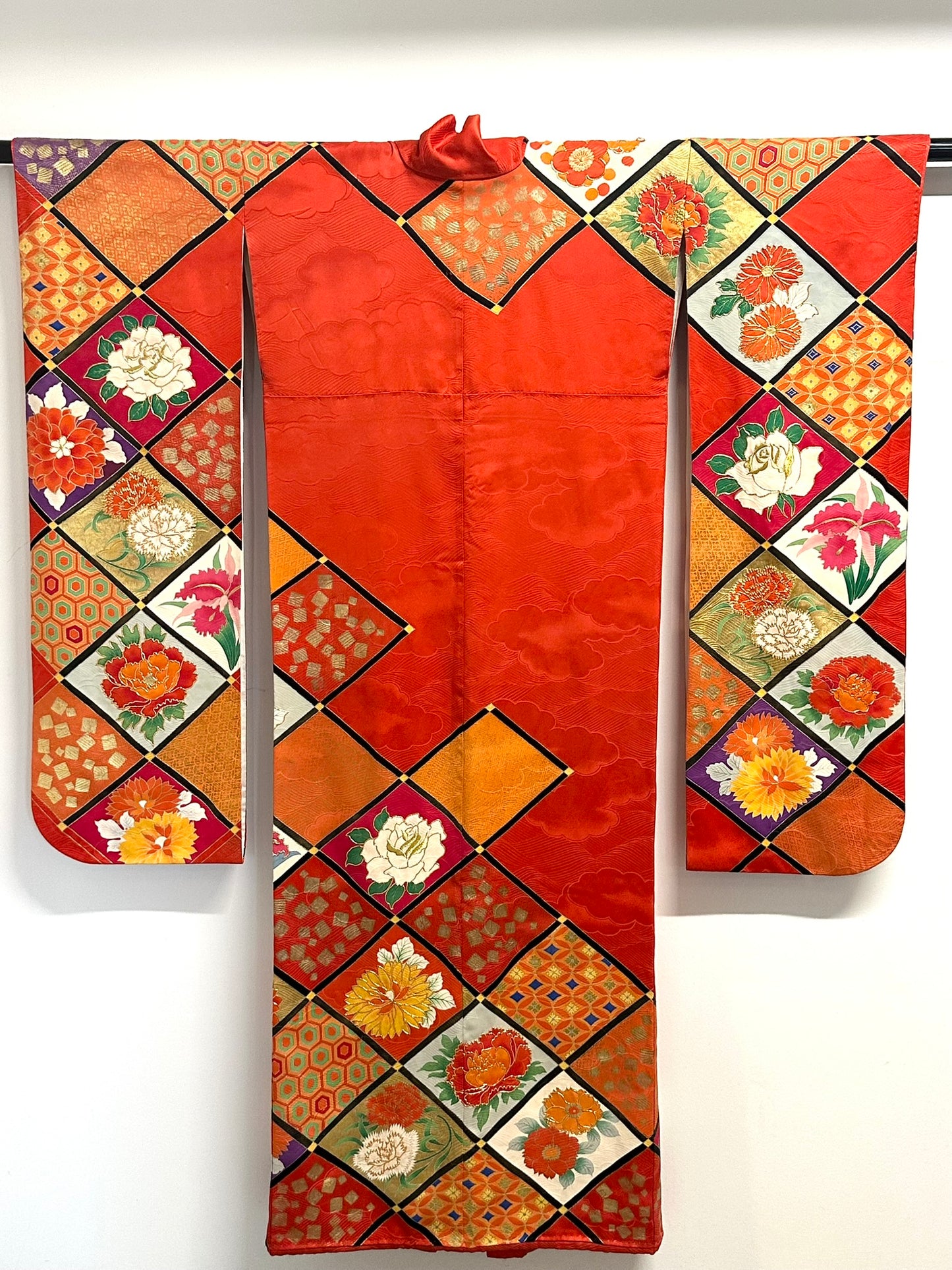 Vintage Japanese Silk Rinzu Kimono Hishi Diamond Floral Panels Showa Furisode