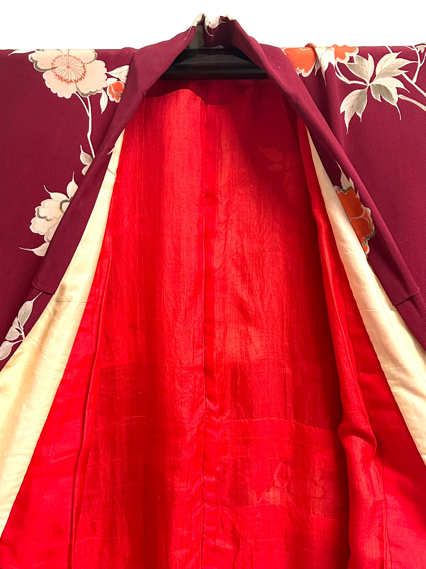 Vintage Japanese Silk Kimono Burgundy Peony Chirimen Crepe Showa