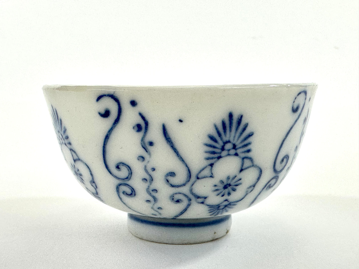 Antique Japanese Porcelain Cup with Blue Floral Pattern 3"