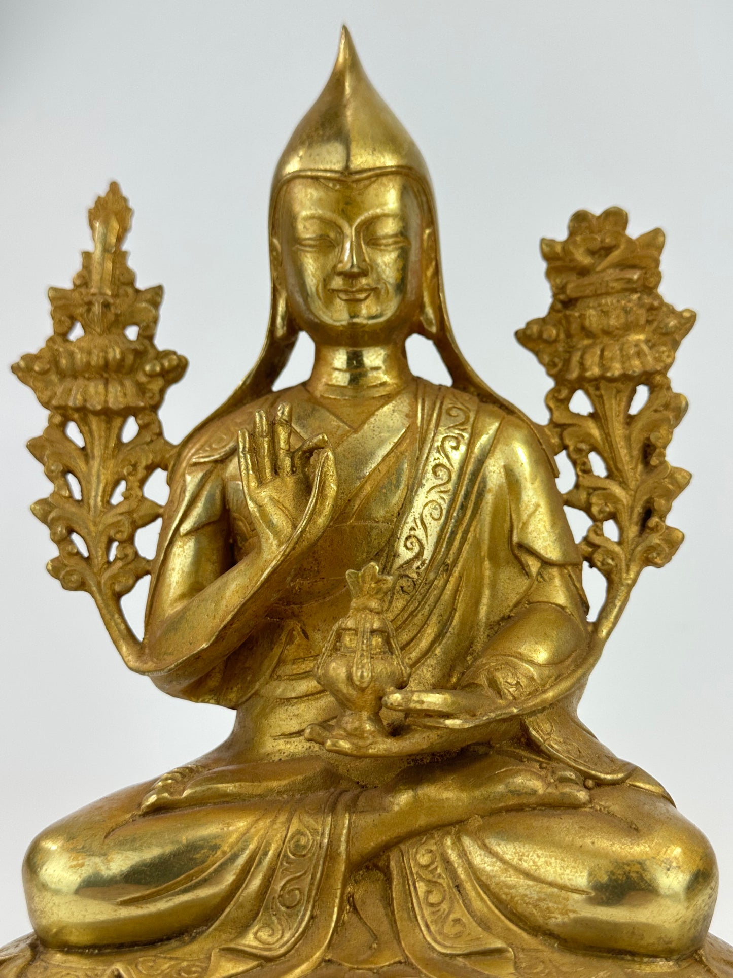 Vintage Tibetan Brass Figure of Tsongkhapa Buddhist Master 9.5"H LS#092