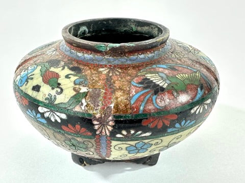 Japanese Meiji Cloisonne Shippo Vase Phoenix Floral Three Feet Red Brown 3"H