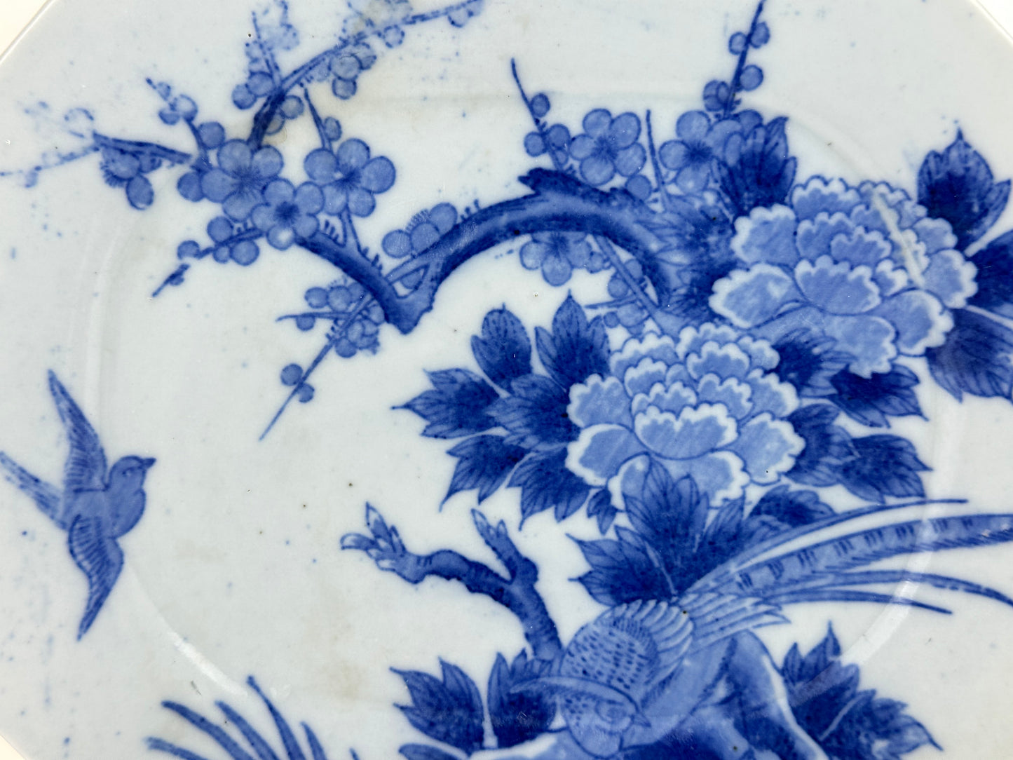 Antique Japanese Meiji Era c1880's Imari Blue & White Plate Birds Peonies 11"W
