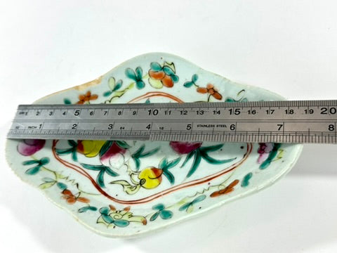 Chinese Famille Rose Porcelain Lozenge Dish Peach Longevity Floral Celadon Ground Late Qing 7.5"