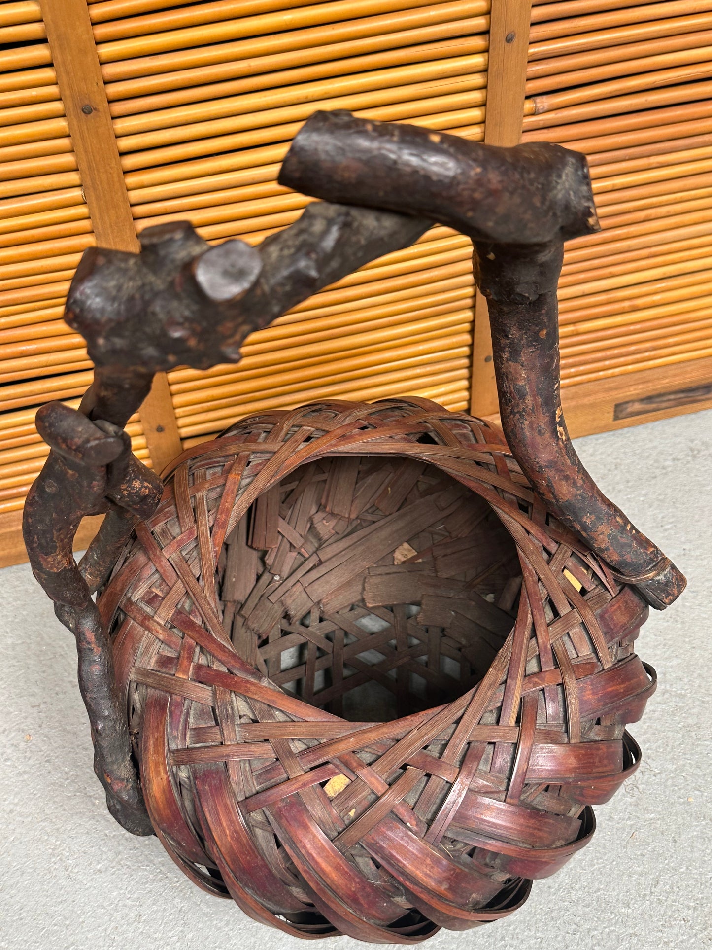 Antique Japanese Bamboo Flower Basket Hanakago Wisteria Branch Handle ~16"H
