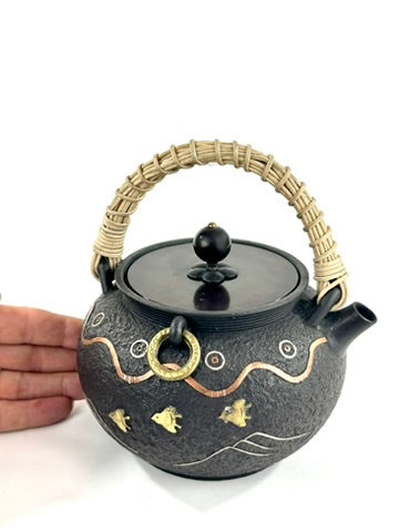 Vintage Japanese Signed Cast Iron Tetsubin Plover Wave Gold Silver Copper Inlay Showa 6.5"W LS#055