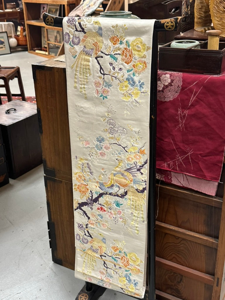 Antique Japanese Silk Obi Sash Embroidered Phoenix and Flowers 13′L