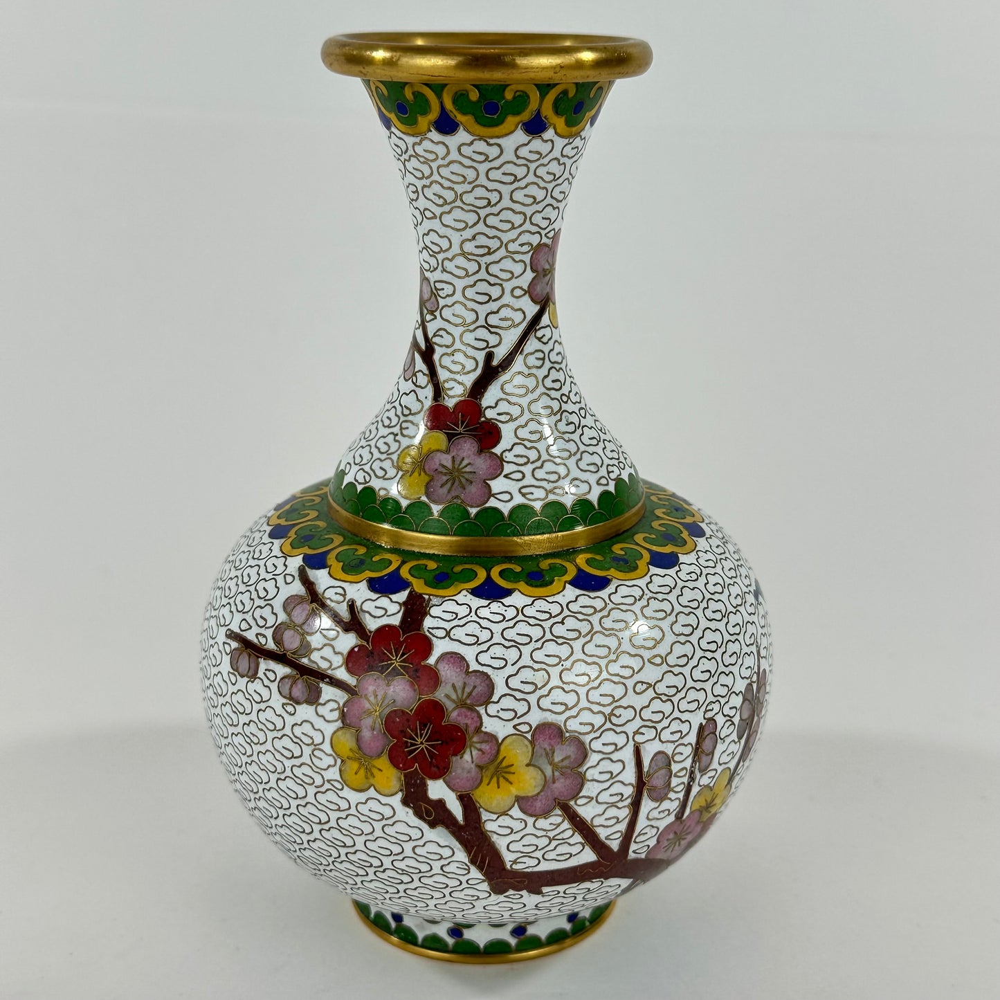 Vintage Chinese White Cloisonné Vase w/ plum blossoms 6”