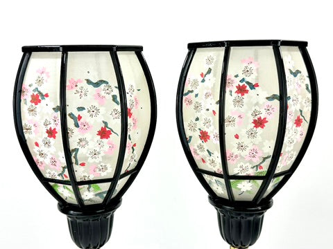 Japanese Showa Era Sakura Lantern Table Lamp Pair Black Lacquer Brass 15"H