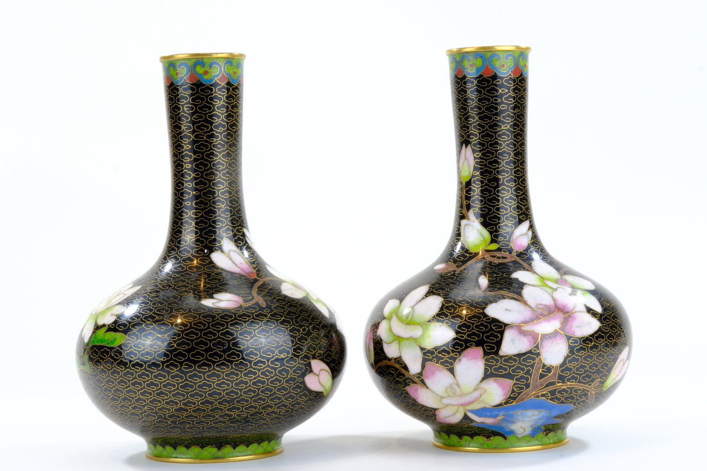 Pair of Antique Japanese Cloisonné Miniature Vases with Floral Decoration Meiji Period