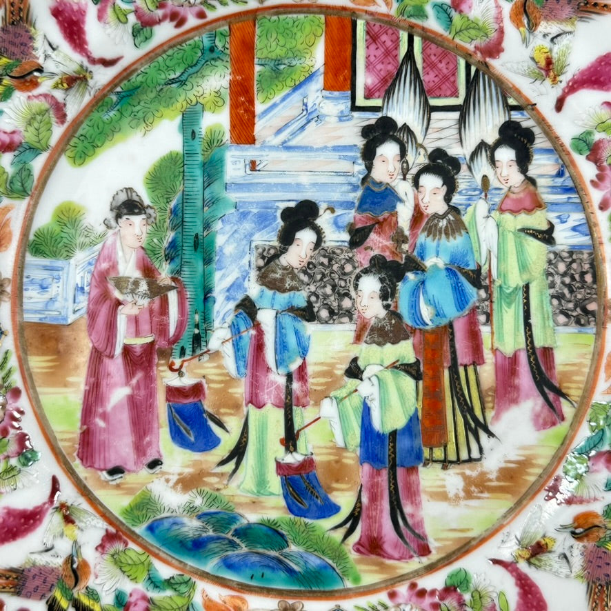 Antique Chinese Qing Famille Rose Canton Porcelain Plate Domestic Scene 8″W